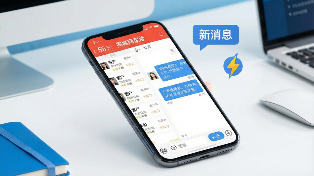 һ��չʾ58ͬ���̼Ұ���Ϣ��ͨ���ܵĳ���ͼ������������һ���ֻ�����Ļ��ʾ58ͬ���̼Ұ�������棬����ǿͻ���ѯ�б����Ҳ��ǶԻ����ڣ��Ի����������ֺͿ�ݻظ���ť���ֻ��Ա��С�����Ϣ��������ʾ��һ��������ʱ��Ӧ������ͼ�ꡣ�����Ǽ��İ칫���棬����ִ�����������ɫ�����ʸɾ��������޶���Ԫ�ء�