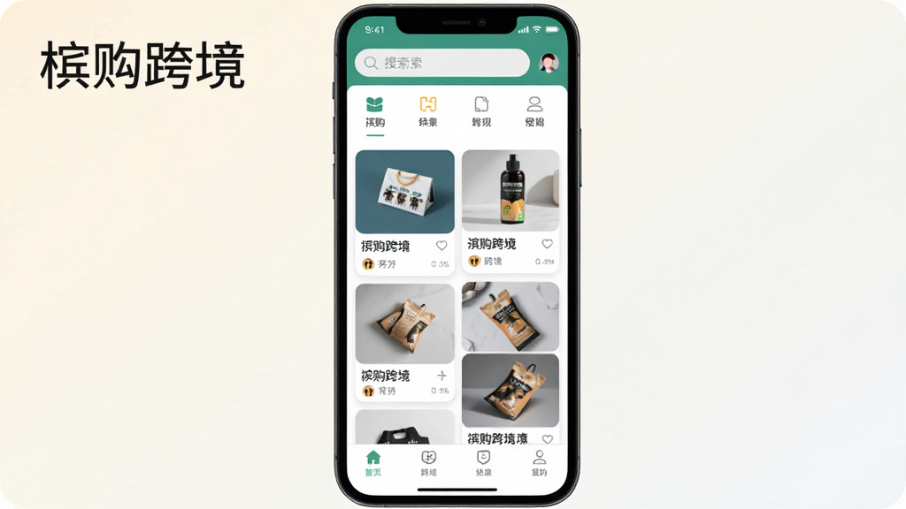 �Ĺ��羳Ӧ��������չʾ������������һ�������ֻ�����Ļ����ʾ���Ĺ��羳App����ҳ���֣��������������ͷ���ͼ�꣬�м��Ǻ�����Ʒ��Ƭ�ٲ������ײ�Ϊ������������Ϊǳɫ���䣬�������ִ���࣬���ֱ�ע���Ĺ��羳�������ʸɾ��������޶���Ԫ��