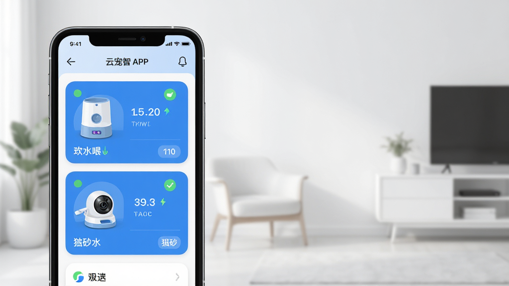 һ��չʾ�Ƴ�����APP���豸���������ͼƬ��������һ���ֻ���Ļ��ʾ��������豸��Ƭ����������ιʳ������ˮ��������ͷ��èɰ�裬ÿ����Ƭ����״̬ͼ������ݣ��������룬������ɫ����ƽ����ƣ������Ǽ������ڻ��������������ɾ����޶���Ԫ��