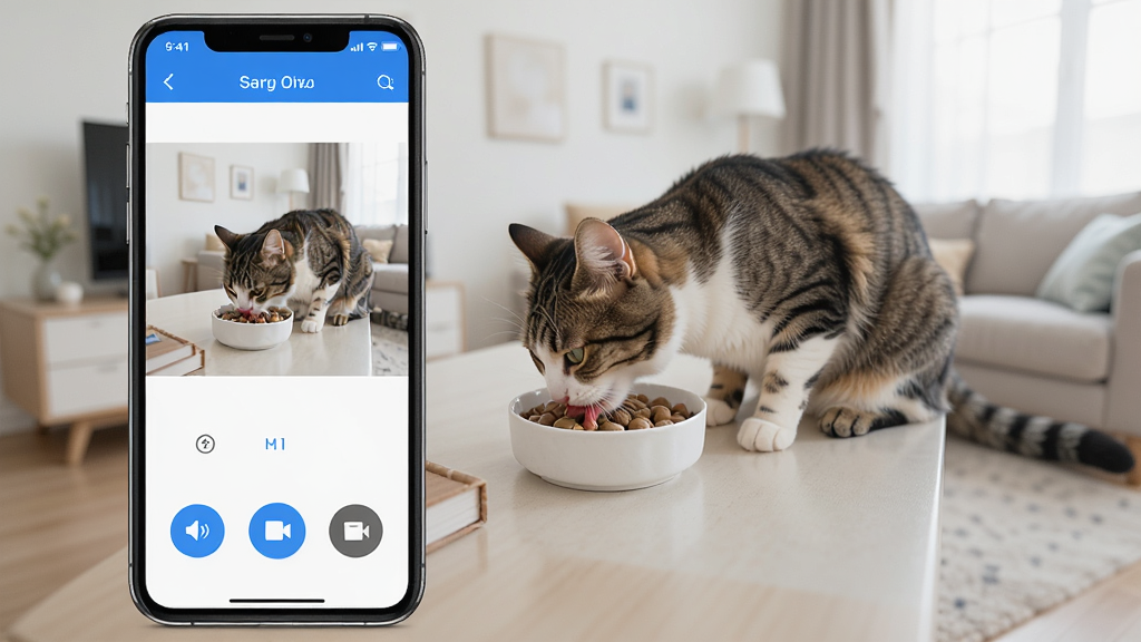һ��չʾ�Ƴ�����APP��Ƶ����������������ܵ�ͼƬ���ֻ���Ļ��ʾ��������ͷʵʱ���棬������һֻè���ڳԶ�������Ļ�·���������ť�ͽ�ͼ��ť�������࣬������ɫ�������Ǽ�ͥ�������������������ɾ�