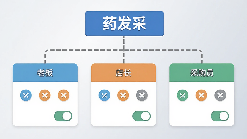 ҩ����APP�Ķ��ɫ�������棬����չʾһ����֯�ܹ�ͼ�������ǡ�ҩ���ɡ����⣬�·���֧���ϰ塢�곤���ɹ�Ա������ɫ��Ƭ��ÿ����Ƭ���ж�Ӧ��Ȩ��ͼ��Ϳ��ذ�ť��������ǳ��ɫ���䣬����ƽ�������ʸɾ������������޶���Ԫ��