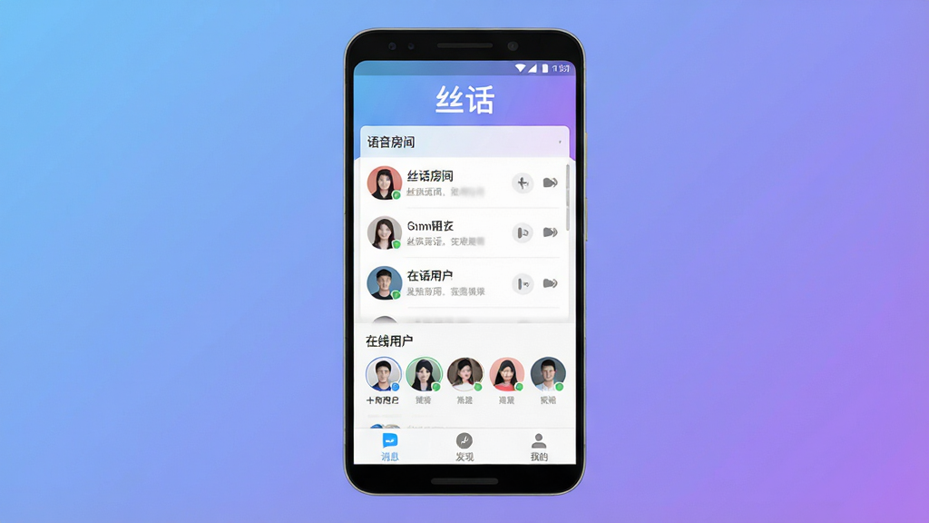 һ��չʾ��˿����App����ȫò���ֻ�����Ч��ͼ������������һ��������׿�ֻ�����Ļ����ʾ˿���������棬�����С�˿�������ֱ�־���м������������б��������û�ͷ�񣬵ײ�����Ϣ�����֡��ҵ�����ѡ�����������͵�����ɫ���䣬����ִ���ƽ��ϸ�ڸɾ��������������޶���Ԫ��