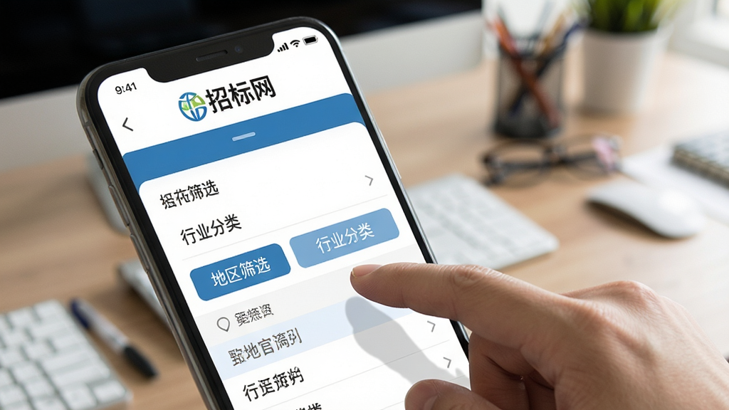 һ���ֻ�APP��ɸѡ���ܵĽ���ʾ��ͼ��������һֻ�����ڵ����Ļ�ϵġ�����ɸѡ���͡���ҵ���ࡱ��ť����Ļ��������ʾ���б�������logo��ɸѡѡ�������ģ���İ칫�����������дʵ��ϸ��������ͻ����׼ɸѡ�ı���ԡ�