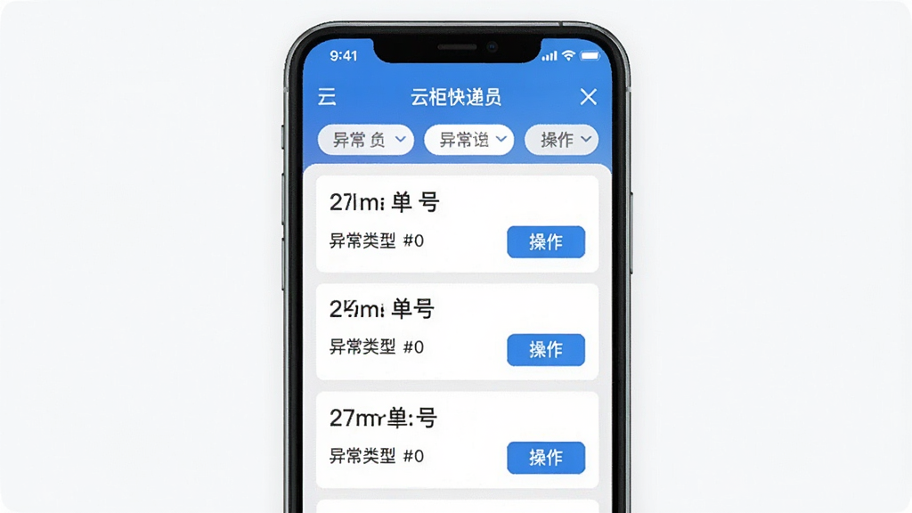 һ��չʾ�ƹ���ԱApp�쳣�����������ͼƬ���������ֻ���Ļ��ʾ�쳣���б�������Ϊ�Ϸ���ɸѡ��ǩ���м����쳣����Ƭ��ÿ�ſ�Ƭ��ʾ���š��쳣���ͺͲ�����ť���������ֱ�ۣ�ϸ�ڵ�λ�����ʸɾ����޶���Ԫ�ء�ͼƬ�����ְ������ƹ���Ա����