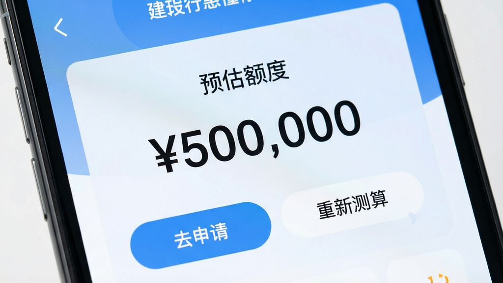 一张手机屏幕特写,展示建行惠懂你App的额度测算页面,页面顶部显示“预估额度”四个字,中间是一个醒目的数字金额“500,000”,下方有“去申请”和“重新测算”两个按钮,背景是柔和的蓝色渐变,画面风格简洁商务,画质干净清晰,无多余元素