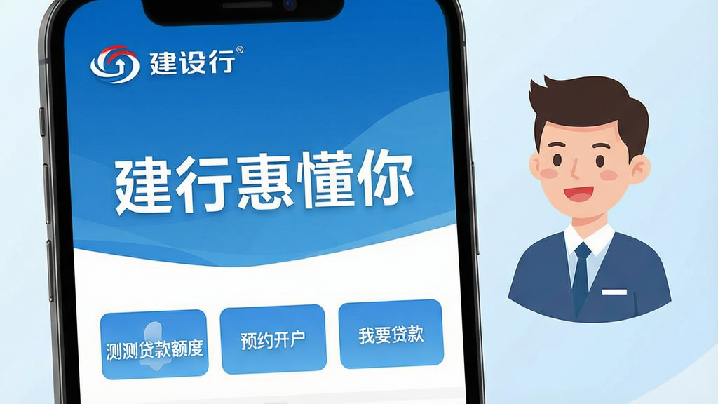 一张手机屏幕展示建行惠懂你App首页界面,顶部是建设银行标志性的蓝色品牌色,页面中央醒目显示“建行惠懂你”五个白色大字,下方排列着“测测贷款额度”“预约开户”“我要贷款”三个功能按钮,背景是简洁的白色与浅蓝色渐变,画面右侧漂浮着一个小微企业主的卡通形象,风格现代扁平化,画质干净清晰,无多余元素