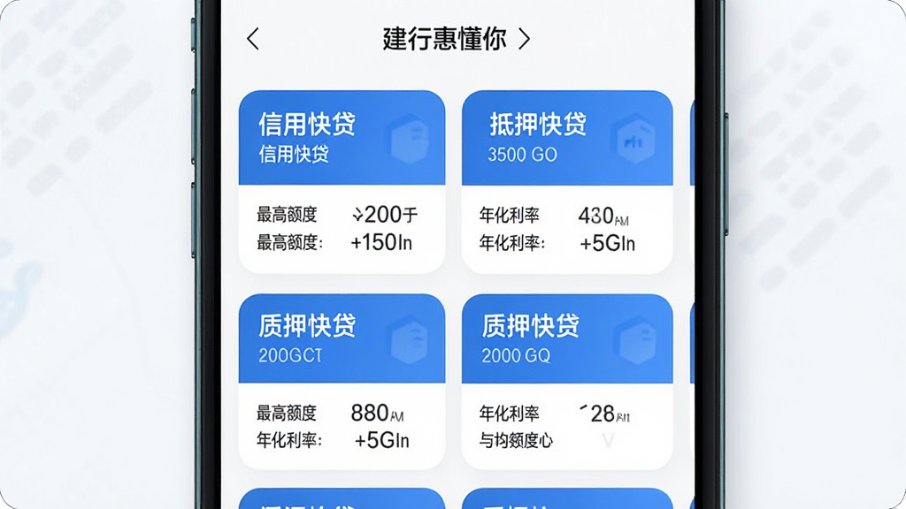 一张手机屏幕展示建行惠懂你App的贷款产品列表页面,页面上排列着“信用快贷”“抵押快贷”“质押快贷”等多个产品卡片,每个卡片上有产品名称、最高额度、年化利率等关键信息,卡片设计圆润简洁,蓝色主色调,画面风格现代商务,画质干净清晰,无多余元素