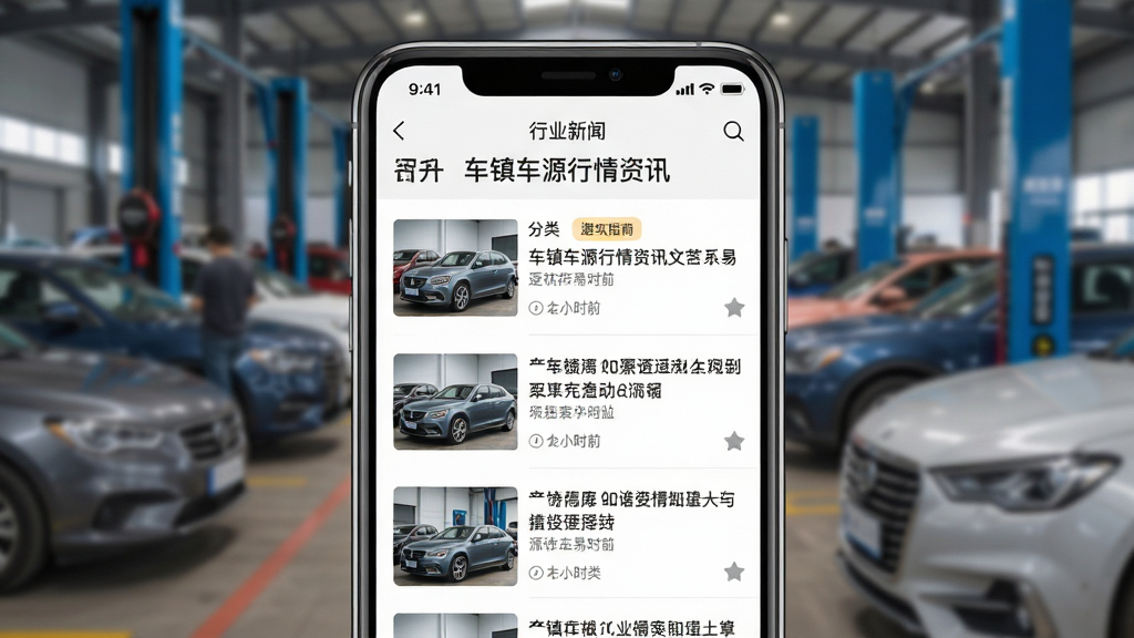 车镇车源行情资讯页面展示,手机屏幕显示行业新闻列表和避坑指南文章标题,背景为汽车交易市场虚化场景,主体为资讯界面,布局采用上下结构上方标题下方列表,排版规整,风格为资讯类App界面写实风格,细节包含文章缩略图、发布时间标签、分类图标,画质高清干净无多余元素