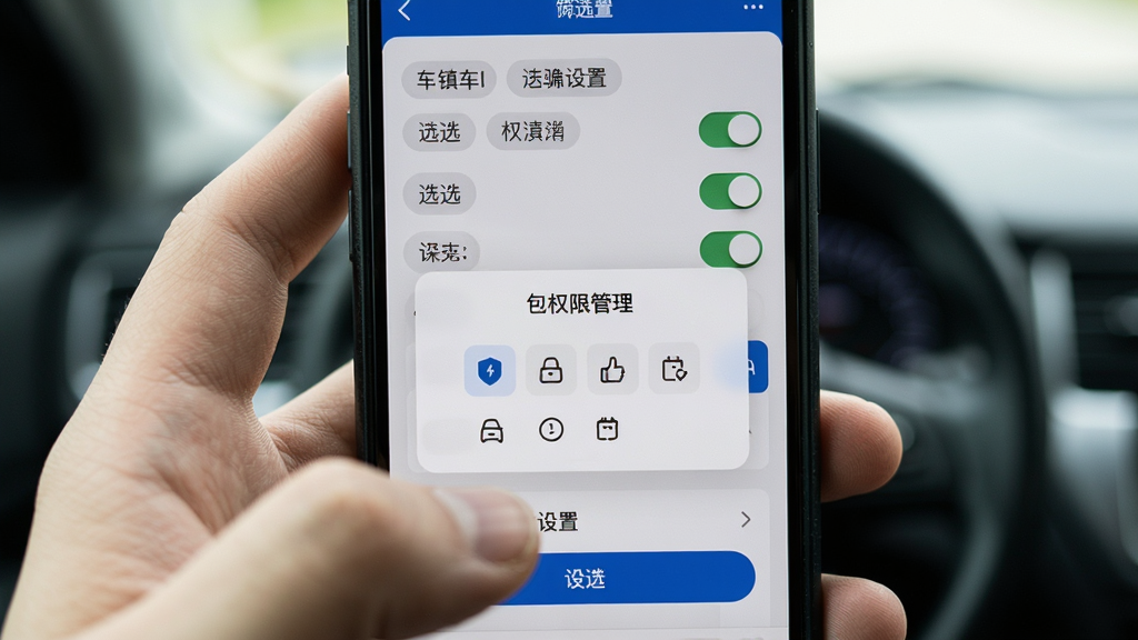 车镇车源移动端操作界面特写,手机屏幕显示筛选设置页面和权限管理弹窗,背景为手持手机的场景,主体为手机屏幕和操作手指,布局采用第一人称视角,排版突出屏幕内容,风格为写实产品演示图,细节包含筛选标签、开关按钮、权限图标,画质清晰干净无多余元素