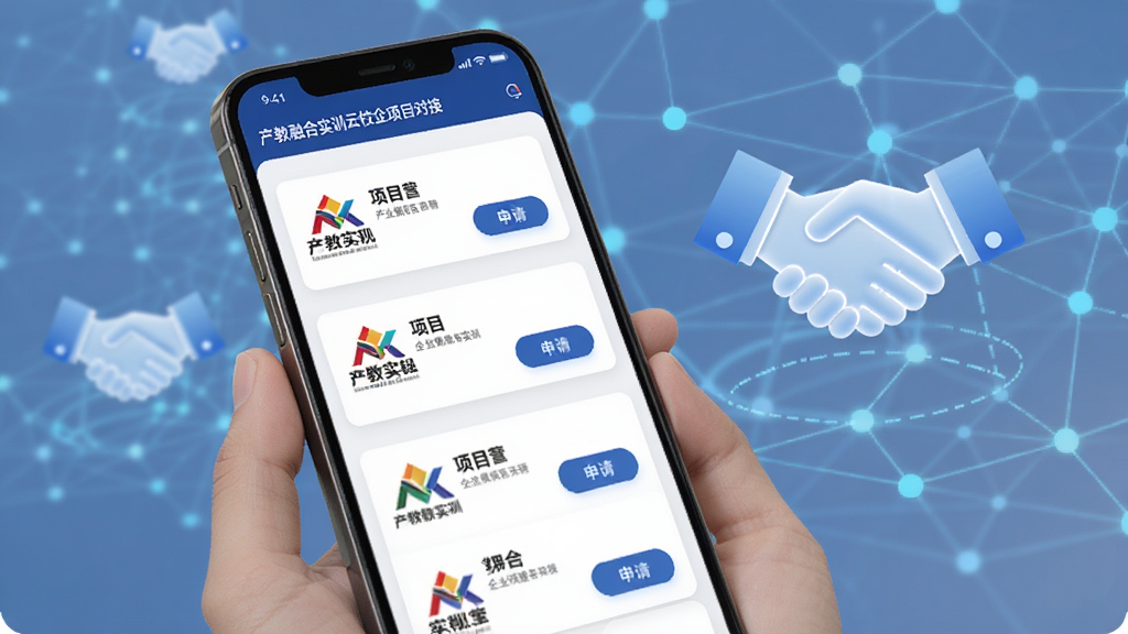�����ں�ʵѵ��У����Ŀ�Խӽ��棬�ֻ���Ļ��ʾ��ҵ��Ŀ�б���ÿ����Ŀ��Ƭ������ҵLogo����Ŀ���ƺ����밴ť�����������������ͼ��������������������רҵ��࣬���������ɾ�