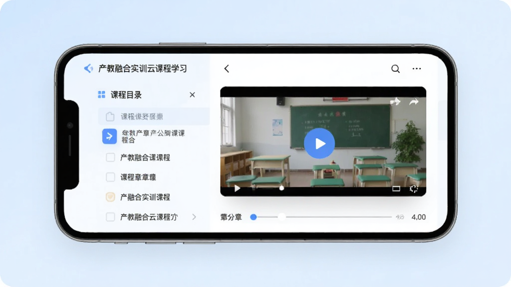 �����ں�ʵѵ�ƿγ�ѧϰҳ�棬�ֻ���Ļչʾ��Ƶ���Ž���Ϳγ�Ŀ¼��������������в��Ű�ť���������Ϳγ��½��б�������Ϊ����ɫ���䣬�����ˬ�ִ������ʸɾ��޶���Ԫ��