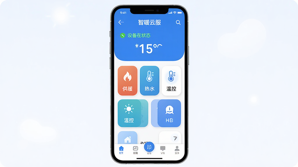 ��ů�Ʒ�Ӧ��������չʾ�������������ֻ���Ļ����Ļ�ڳ�����ů�Ʒ�APP��ҳ��������ʾ�豸����״̬�������¶���ֵ���м����豸���ƿ�Ƭ�б���������ů����ˮ���¿ص�ͼ�꣬�ײ�Ϊ������������������Ϊ��ɫ��������ִ���ƽ������������ϸ��Բ�󣬻��ʸɾ��޶���Ԫ��