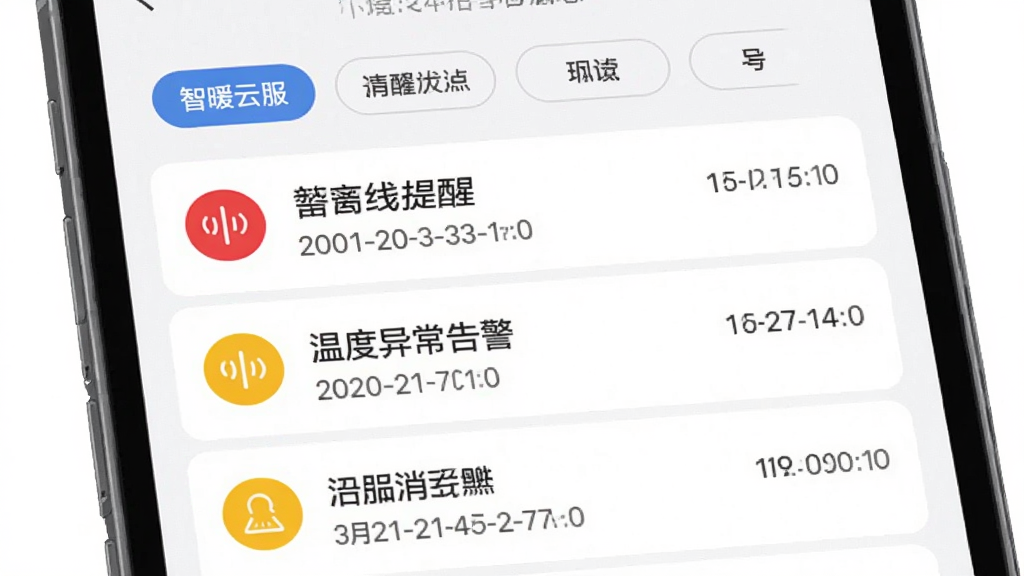 ��ů�Ʒ��澯��Ϣ���Ľ��棬�ֻ���Ļ����ʾ��Ϣ�б���ÿ����Ϣ���к�ɫ���ɫԲ��ͼ�꣬�����豸�������ѡ��¶��쳣�澯����Ŀ��ʱ���������������ɸѡ��ǩ����������ˬ�����ʸɾ�������Ԫ��