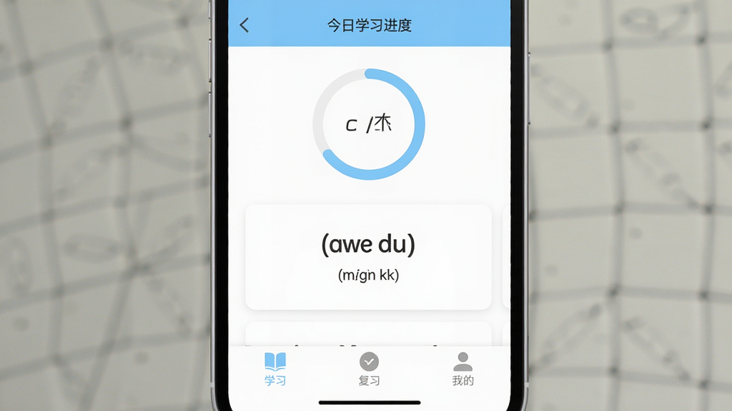 ���뵥��App�������ͼ���ֻ���Ļ����չʾ����ɫ�������䵭��ɫ������������������ʾ����ѧϰ���Ȼ���ͼ���м��ǵ��ʿ�Ƭ������ʾӢ�ĵ��ʺ����꣬�ײ�������ǩ���ֱ�Ϊѧϰ����ϰ���ҵģ���������ˬ����ƽ����Ʒ��ϸ��Բ�󣬻��ʸɾ��޶���Ԫ��