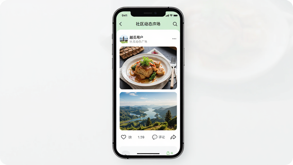越觅应用内社区动态广场界面截图风格,手机屏幕中显示用户发布的图文动态卡片,包含美食照片和旅行风景照,下方有点赞和评论图标,界面以白色和浅绿色为主色调,布局疏朗,现代简约风格,画质干净