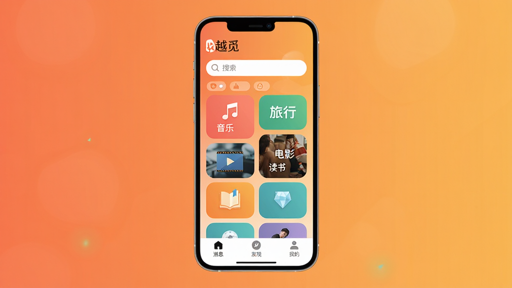 手机屏幕展示越觅应用主界面,整体采用暖色调渐变背景,顶部显示越觅Logo和搜索栏,中间是兴趣标签卡片瀑布流,包含音乐、旅行、电影、读书等标签,底部为消息、发现、我的三个导航图标,界面干净清爽,现代扁平化设计风格,细节圆润,画质清晰无多余元素