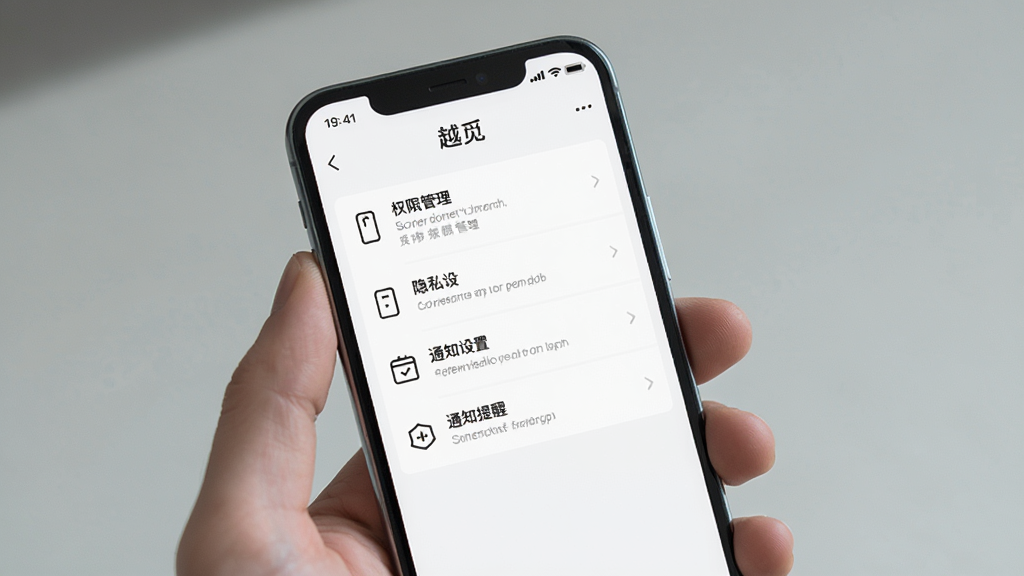 手机屏幕展示越觅应用设置界面,包含权限管理、隐私设置、通知提醒等选项列表,界面以白色为主,图标为线性风格,布局清晰,现代简约设计,画质干净无多余元素