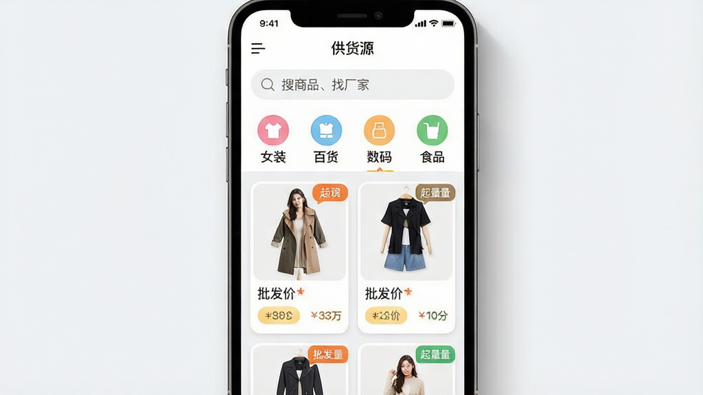 һ���ֻ�Ӧ�ý���չʾͼ�����������ǡ�����Դ��APP����ҳ���Ϸ�������д�š�����Ʒ���ҳ��ҡ����м��Ƿ��ർ��ͼ�������Ůװ���ٻ������롢ʳƷ�����·����ٲ�����Ʒ��Ƭ��ÿ�ſ�Ƭ����Ʒͼ�������ۺ���������ǩ�����岼���������Ű����࣬���Ϊ�ִ���ƽ����ϸ��Բ�󣬻��ʸɾ����޶���Ԫ�أ��ֻ���Ļ������΢��Ӱ��������С�