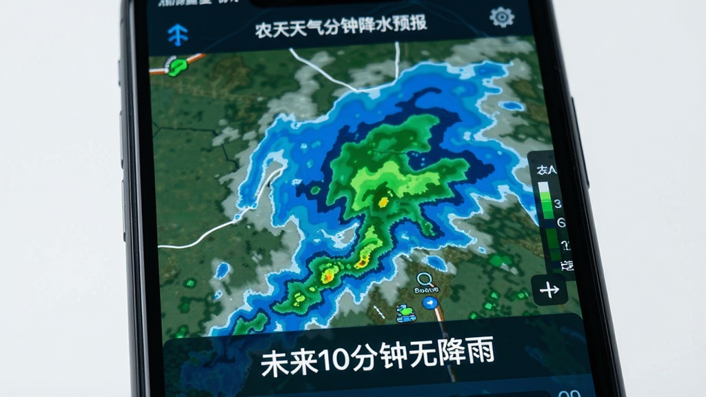 农夫天气分钟级降水预报界面特写,手机屏幕显示雷达回波图,蓝色和绿色色块代表降雨云团,下方有文字提示“未来10分钟无降雨”,界面风格科技感十足,色彩对比清晰,画质干净无多余元素