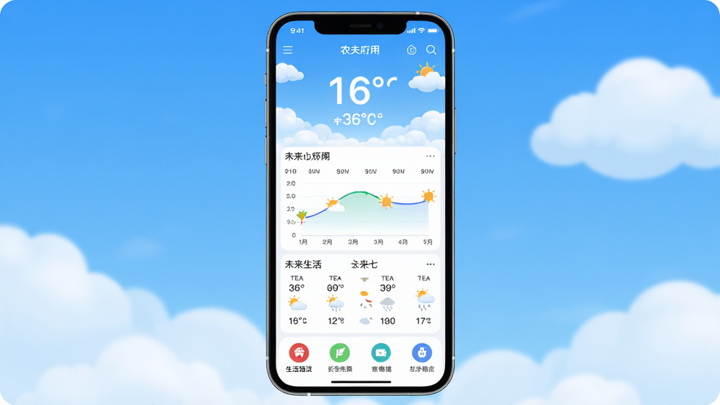 农夫天气应用主界面全貌展示,画面中央是手机屏幕,屏幕内显示农夫天气APP的首页,顶部是蓝天白云背景和醒目的温度数字,中部是逐小时天气曲线图和未来七天预报列表,底部有生活指数图标,整体布局干净整洁,风格清新扁平化,细节圆润,画质高清,无多余元素