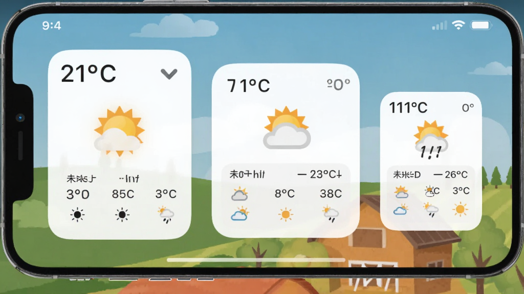 农夫天气桌面小组件展示,手机桌面放置了三个不同尺寸的天气小组件,分别显示温度、天气图标和未来三小时预报,背景是简洁的壁纸,界面风格现代扁平,文字清晰,画质干净无多余元素