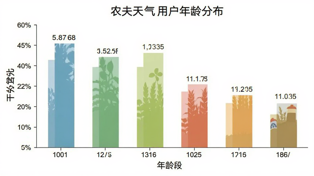 农夫天气用户年龄分布柱状图,横轴为年龄段,纵轴为百分比,柱状图颜色清新,数据标签清晰可见,背景简洁,画质干净无多余元素