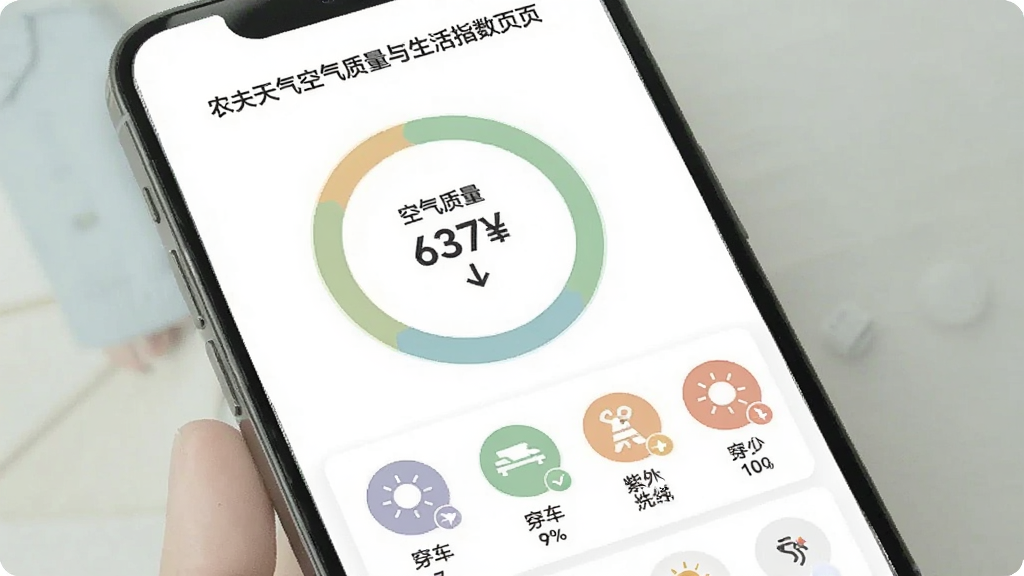 农夫天气空气质量与生活指数页面,手机屏幕显示空气质量指数圆环和各类生活指数图标,包括穿衣、洗车、紫外线等,界面设计简洁,色彩柔和,画质干净无多余元素
