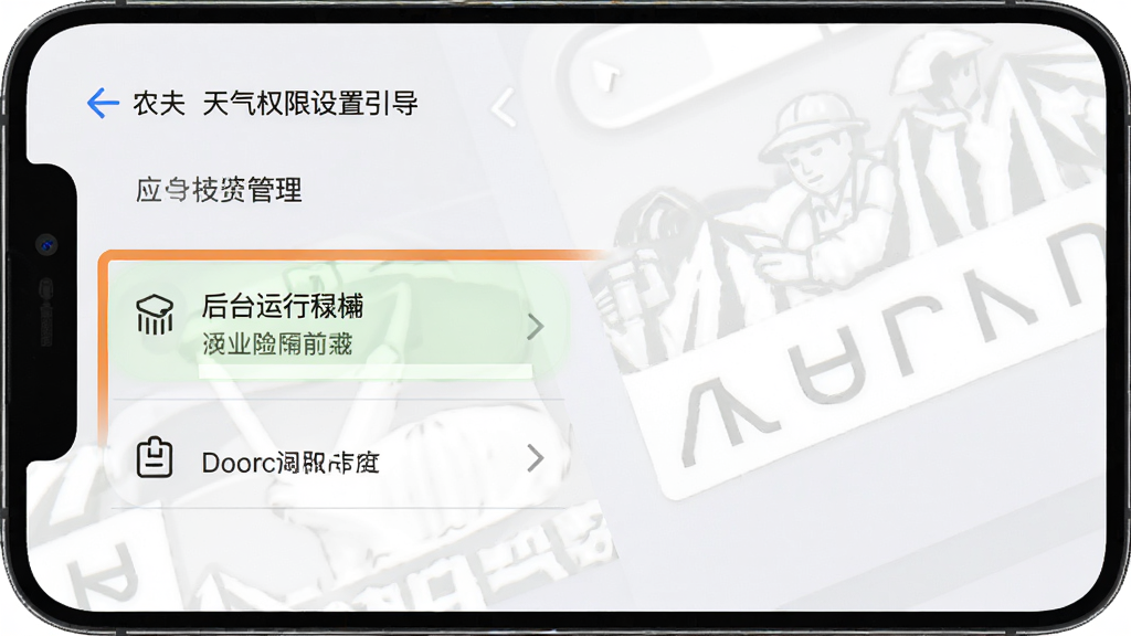 农夫天气权限设置引导界面,手机屏幕显示应用权限管理页面,高亮标注位置权限和后台运行权限选项,界面风格清晰直观,文字标注明确,画质干净无多余元素