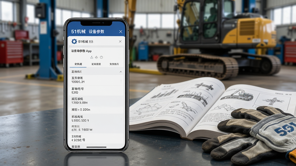 一张展示“51机械”App设备参数查询页面的图片,画面主体是手机屏幕,屏幕上显示着挖掘机的详细参数列表,有发动机型号和液压系统参数,旁边放着一本翻开的维修手册和一副手套,背景是模糊的修理厂车间,风格写实,画质清晰,干净,无多余元素