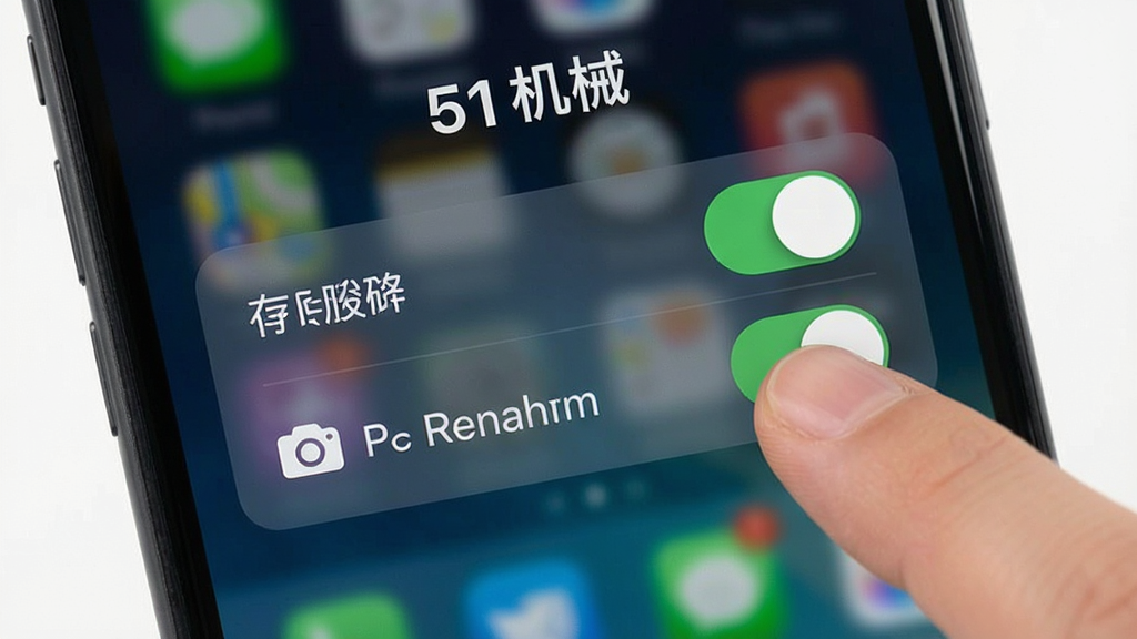一张手机屏幕截图风格的图片,展示“51机械”App的权限设置界面,画面中有存储和相机权限的开关按钮,旁边有手指点击的动作,背景是模糊的手机桌面,风格简洁直观,画质清晰,干净,无多余元素