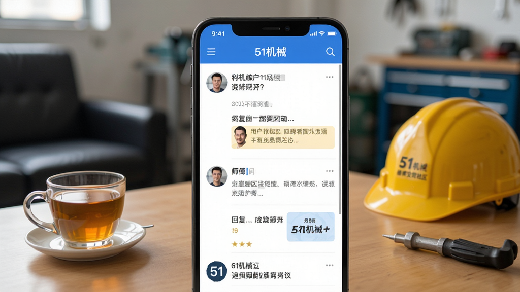 一张“51机械”App维修交流社区界面的图片,手机屏幕显示帖子列表,有用户提问和师傅回复,画面背景是修理厂休息室,桌上放着茶杯和安全帽,风格生活化,画质清晰,干净,无多余元素