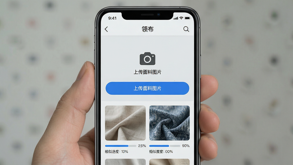 一张展示手机屏幕的图片,屏幕中显示“领布”APP的以图搜布功能界面,中央是一个相机图标和“上传面料图片”按钮,下方展示了几张上传后的面料图片,每张图片旁边有匹配进度条和相似度百分比,界面以浅灰色为背景,蓝色按钮突出,风格简洁实用,画质干净无多余元素