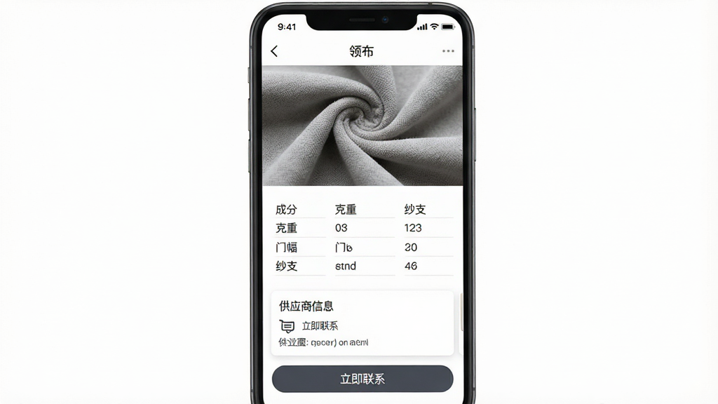一张展示手机屏幕的图片,屏幕中显示“领布”APP的面料详情页面,页面顶部是面料大图,下方依次排列着成分、克重、门幅、纱支等参数表格,再往下是供应商信息卡片和“立即联系”按钮,背景为白色,文字为深灰色,风格清晰易读,画质干净无多余元素