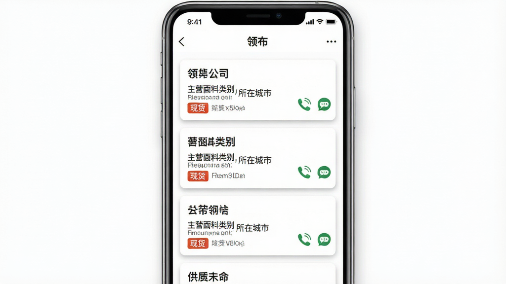 一张展示手机屏幕的图片,屏幕中显示“领布”APP的供应商列表界面,每个供应商卡片上显示公司名称、主营面料类别、所在城市和“现货”标签,右侧有一个电话图标和聊天图标,背景为白色,卡片有轻微阴影,风格干净商务,画质清晰无多余元素