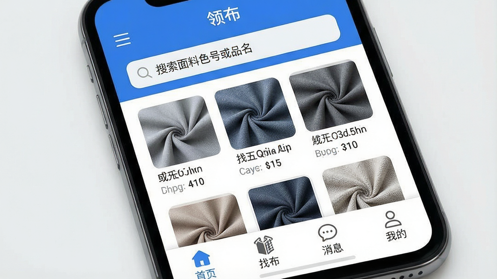 一张展示手机屏幕的图片,屏幕中显示“领布”APP的主界面,界面以蓝色和白色为主色调,顶部搜索框内写着“搜索面料色号或品名”,中间是整齐排列的面料缩略图网格,每张图片下方标注着成分和克重,底部导航栏有首页、找布、消息、我的四个图标,整体布局简洁清晰,风格现代扁平,细节圆润,画质干净无多余元素