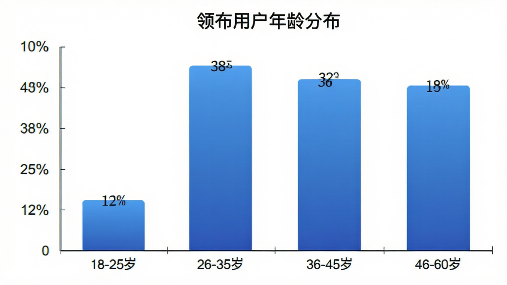 一张柱状图,横轴为年龄段,纵轴为用户占比百分比,柱状图显示18-25岁占比约12%,26-35岁占比约38%,36-45岁占比约32%,46-60岁占比约18%,柱体颜色为蓝色渐变,背景为白色,图表标题为“领布用户年龄分布”,风格简洁专业,画质清晰无多余元素