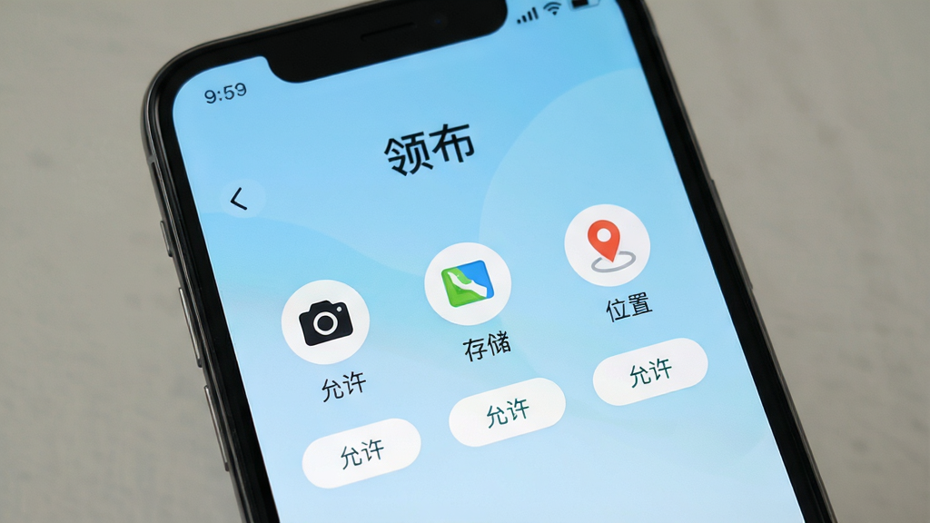 一张展示手机屏幕的图片,屏幕中显示“领布”APP的权限设置引导页面,页面上有三个图标分别代表相机、存储和位置,每个图标下方有简短的文字说明和“允许”按钮,背景为浅蓝色渐变,风格友好清晰,画质干净无多余元素