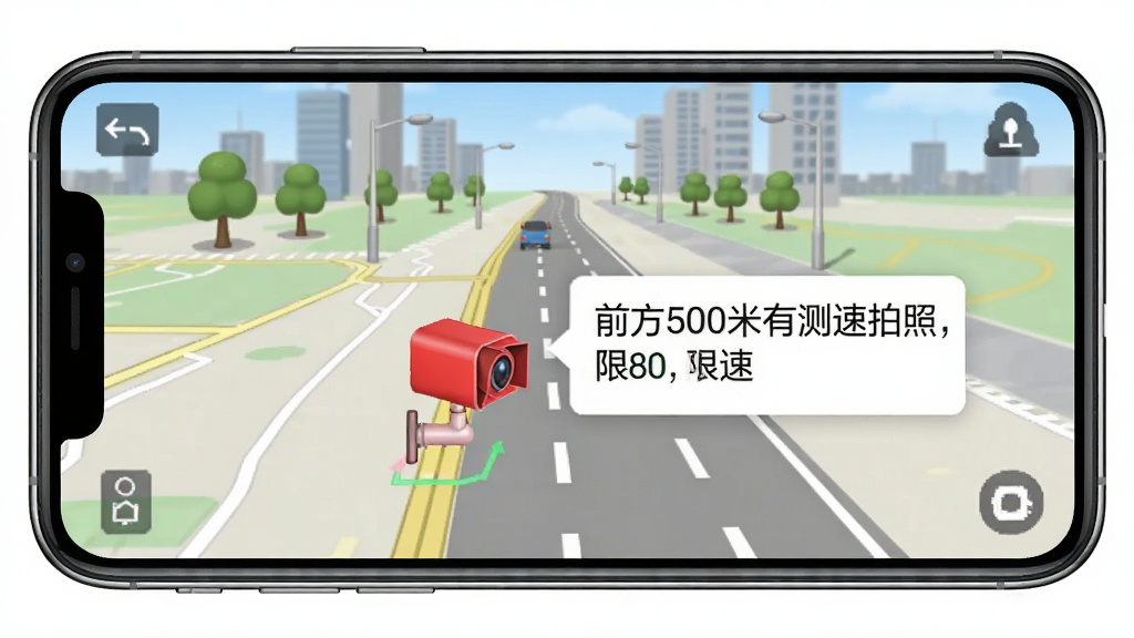GPS���ӹ�Ӧ���ڵ�����Ԥ�����棬�ֻ���Ļ��ʾ��ͼ����һ����ɫ����ͷͼ�꣬�Աߵ�����ʾ��ǰ��500���в������գ�����80����������ģ��ĳ��е�·�������������������޹��