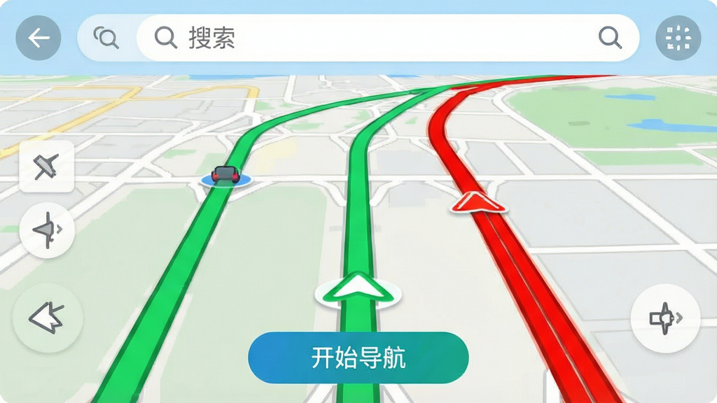 GPS���ӹ�Ӧ��ʵʱ·����ͼ���棬��ͼ����ʾ��ɫ��ͨ·�ߺ�һ�κ�ɫӵ��·�Σ������������򣬵ײ��С���ʼ��������ť����������ˬ���޹���������ʸɾ�
