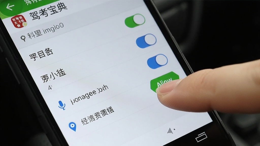 一部安卓手机屏幕上显示驾考宝典科目三的应用权限设置页面,可以看到存储、麦克风、位置等权限开关,旁边有手指正在点击允许按钮,界面风格原生安卓,画质清晰,无多余元素