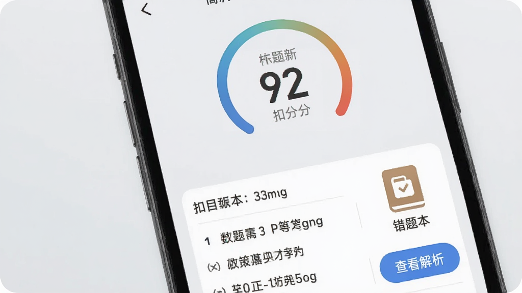手机界面展示驾考宝典科目三的智能评分报告,屏幕上有一个圆形的分数仪表盘显示92分,下方列出扣分项目清单,旁边有错题本图标和“查看解析”按钮,背景是浅灰色,风格简洁,画质干净,无多余元素
