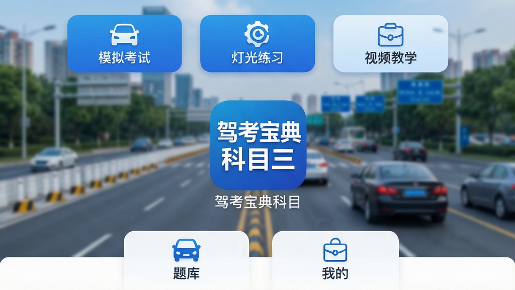 一款手机应用的主界面展示,画面中央是“驾考宝典科目三”的软件图标和名称,背景是城市道路和考试路段的虚化场景,界面布局清晰,上方有模拟考试、灯光练习、视频教学三个大按钮,下方是题库和我的页面入口,整体风格现代简洁,蓝白配色为主,画质干净明亮,无多余元素