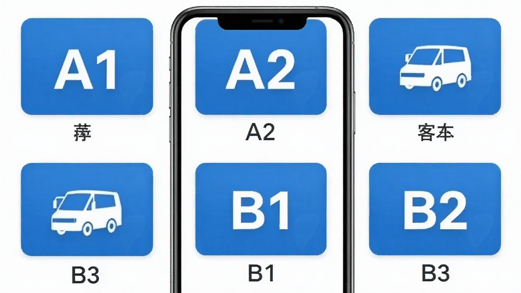 驾考宝典客货车APP内客车题库选择界面,手机屏幕显示A1、A2、A3、B1、B2等准驾车型图标列表,每个图标下方有对应的车型名称,界面整洁,以蓝色和白色为主色调,风格简洁商务,画质干净无多余元素