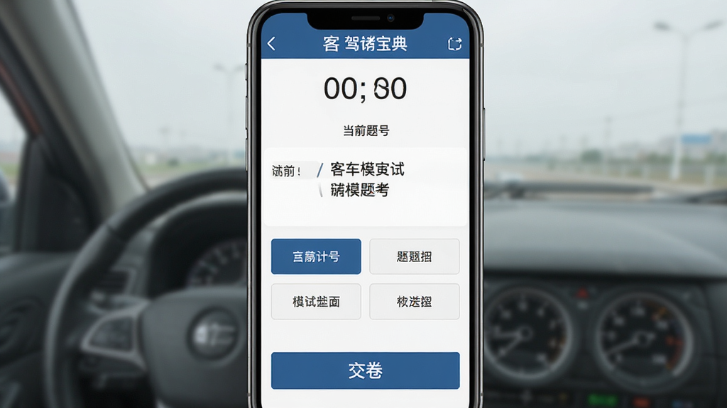 驾考宝典客货车模拟考试界面,手机屏幕显示考试倒计时、当前题号、题目内容和四个选项,底部有交卷按钮,界面布局清晰,文字标签明确,风格严肃简洁,画质干净无多余元素