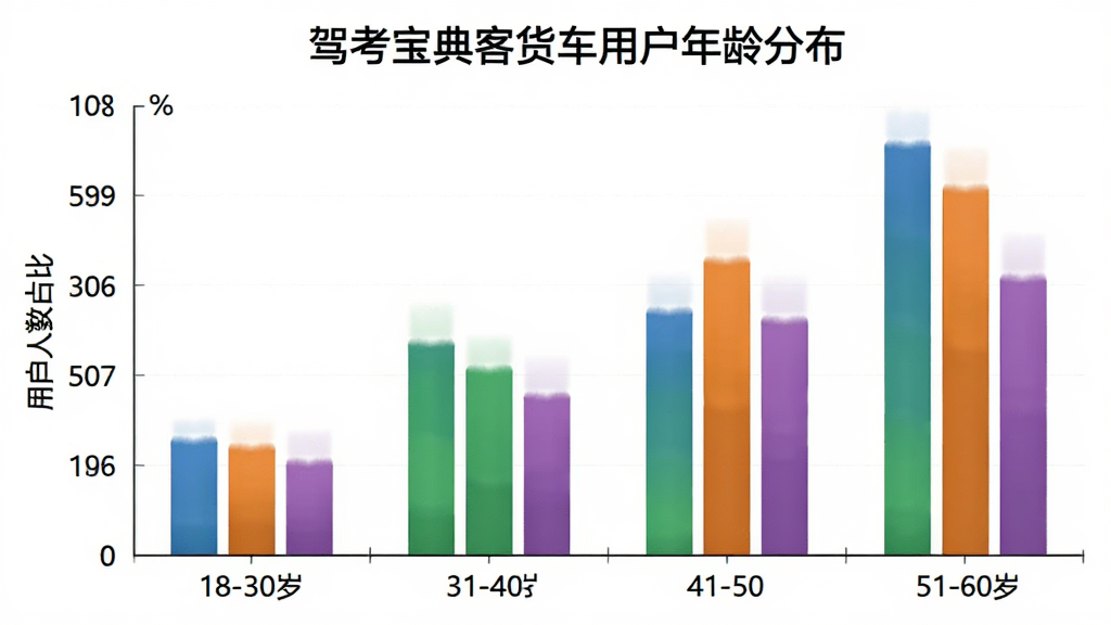 驾考宝典客货车用户年龄分布柱状图,横轴为18-30岁、31-40岁、41-50岁、51-60岁四个年龄段,纵轴为用户人数占比,柱状颜色分别为蓝色、绿色、橙色、紫色,图表标题为“驾考宝典客货车用户年龄分布”,风格简洁商务,画质清晰无多余元素