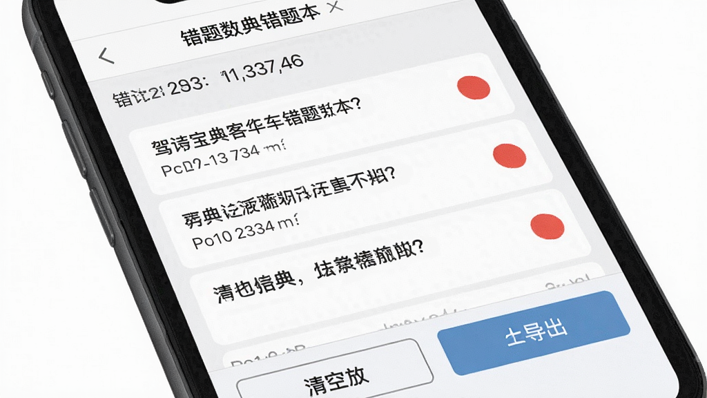 驾考宝典客货车错题本界面,手机屏幕显示错题列表,每道题旁边有红色标记,顶部有错题数量统计,底部有清空和导出按钮,界面干净整洁,以白色和浅灰色为主,风格实用,画质清晰无多余元素