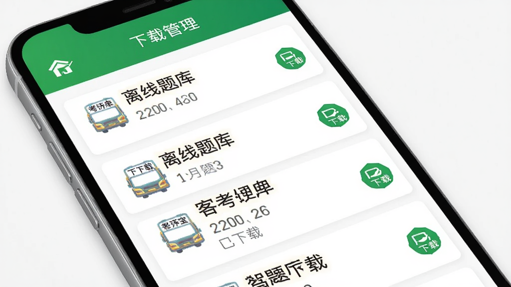驾考宝典客货车离线题库下载界面,手机屏幕显示已下载的题库列表,每个题库旁边有绿色的已下载标识,顶部有下载管理入口,界面简洁,以白色和绿色为主色调,风格清爽,画质干净无多余元素