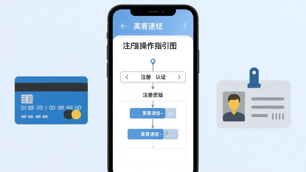 美客速结-客户端 操作指引图 手机屏幕显示注册认证流程 旁边有银行卡和身份证图标 背景为淡蓝色渐变 风格扁平化 画质干净 无多余元素