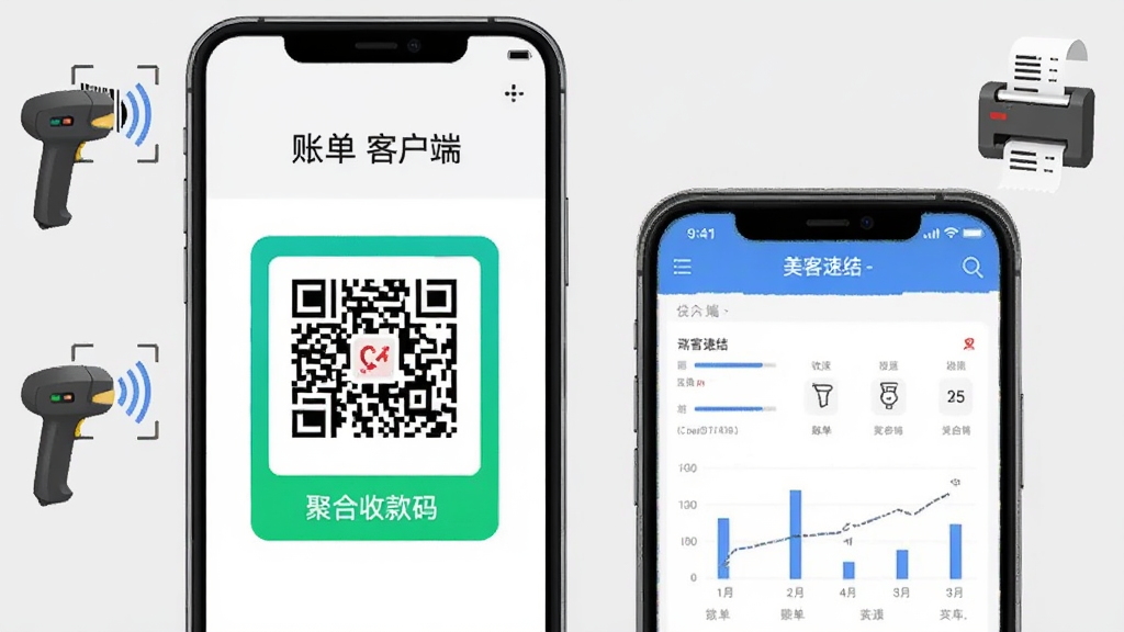 美客速结-客户端 功能展示图 画面中一台手机显示聚合收款码 另一台手机显示账单统计图表 周围有蓝牙扫码枪和小票打印机图标 背景为浅灰色 风格简洁商务 画质清晰 无杂乱元素