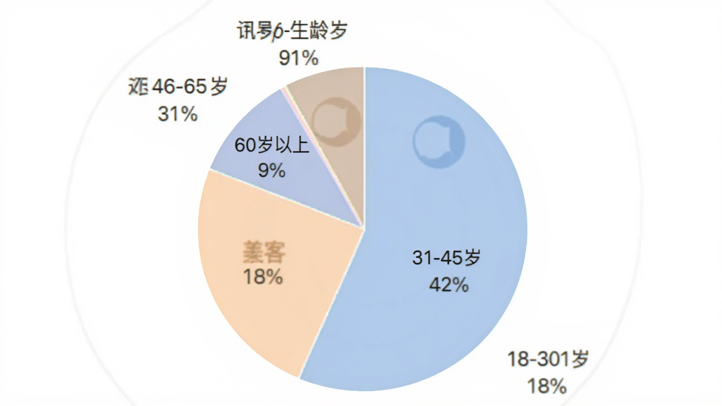 美客速结-客户端 用户年龄分布饼状图 18-30岁18% 31-45岁42% 46-60岁31% 60岁以上9% 配色柔和 数据标签清晰 风格简洁 画质干净 无多余元素
